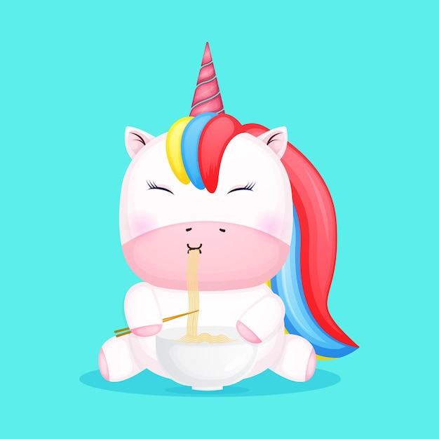 Cute baby unicorn eat ramen noodle cartoon