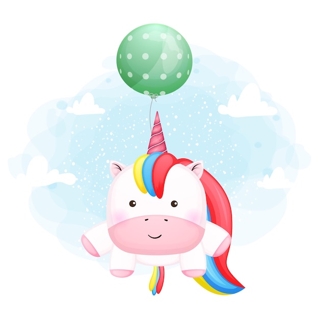 Cute baby unicorn flying in the sky with balloon cartoon  