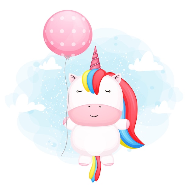 Cute baby unicorn flying with balloon cartoon  