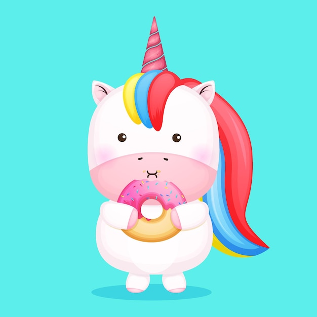 Cute baby unicorn holding and eat donut cartoon 