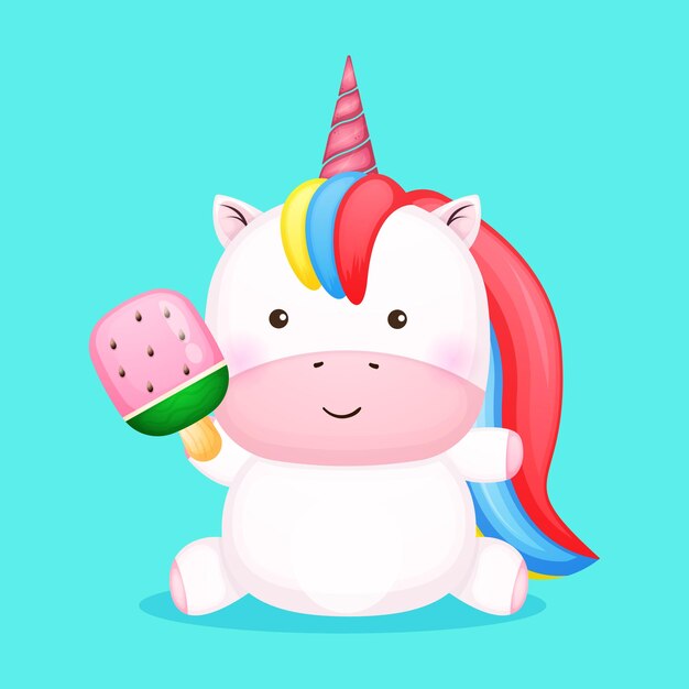 Cute baby unicorn holding ice cream Summer cartoon  