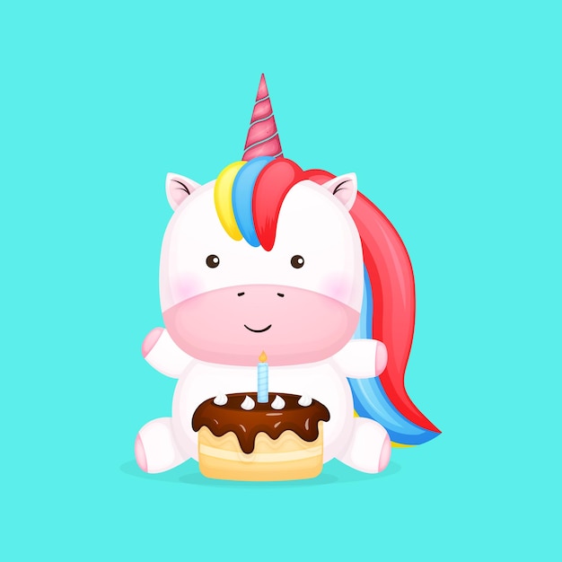 Cute baby unicorn sit down with birthday cake cartoon  