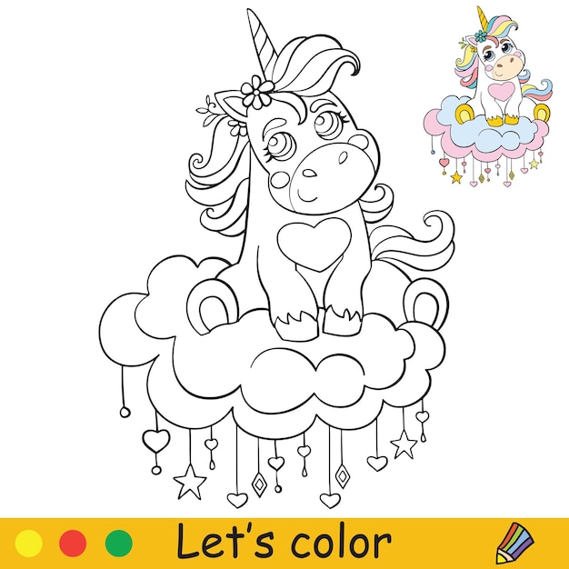 Cute baby unicorn sitting on cloud coloring