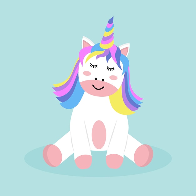 Cute baby unicorn sitting down. Cartoon mythical animal.