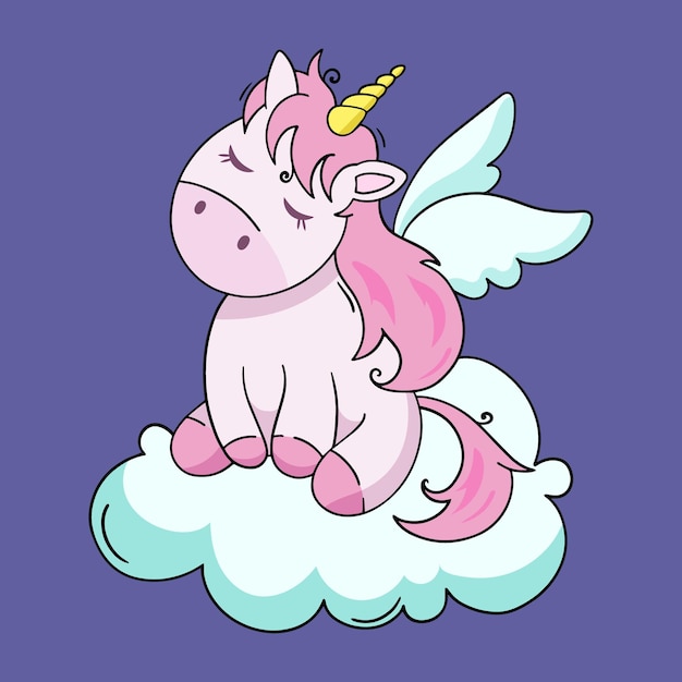 Cute baby unicorn a vector design element in the style of a doodle isolated on a blue background