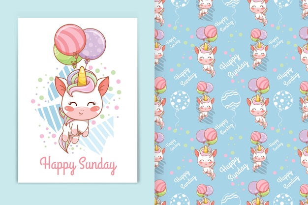 Cute baby unicorn with balloons cartoon illustration and seamless pattern set