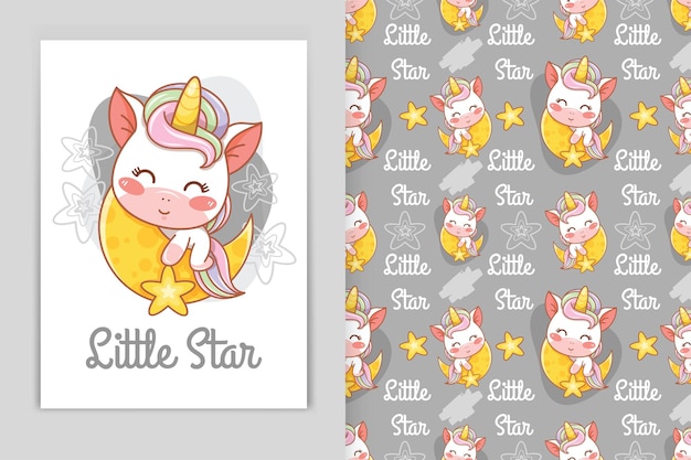 cute baby unicorn with moon and little star cartoon illustration and seamless pattern set