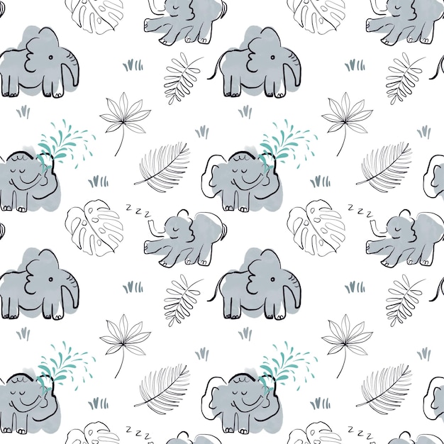 Cute baby vector seamless pattern with hand drawn elephants and tropical plants on white background