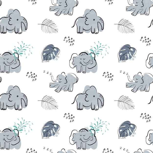 Cute baby vector seamless pattern with hand drawn elephants and tropical plants on white background