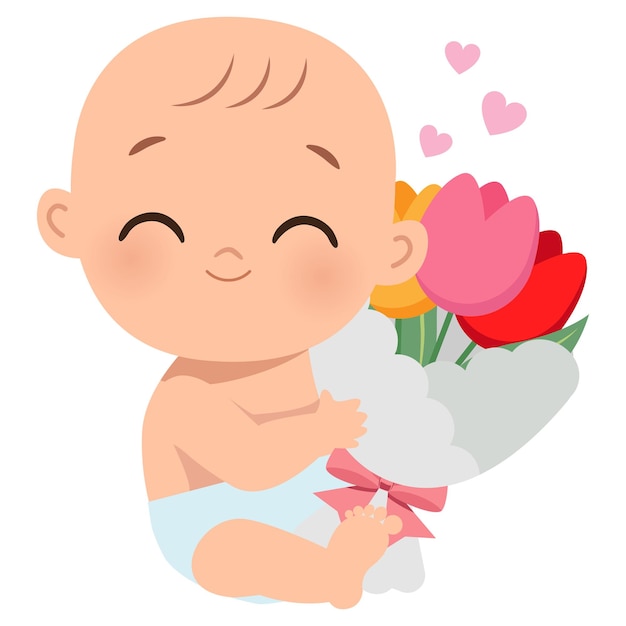 Cute baby with a bouquet of flowers