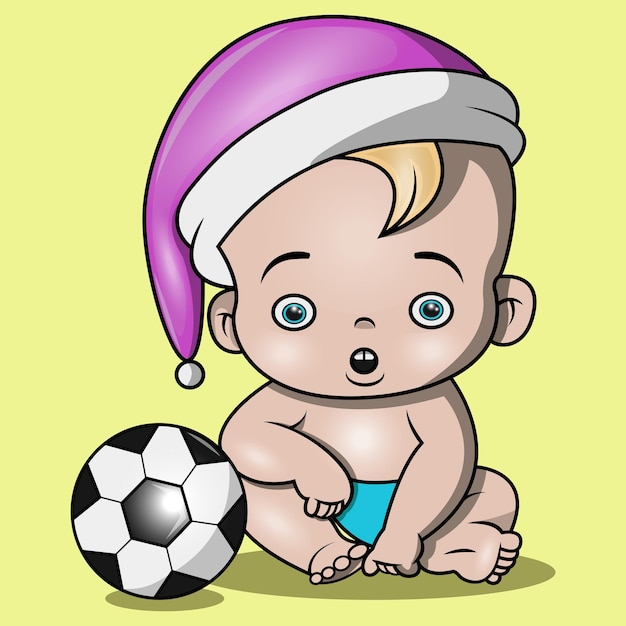 A cute baby with a santa hat and his ball