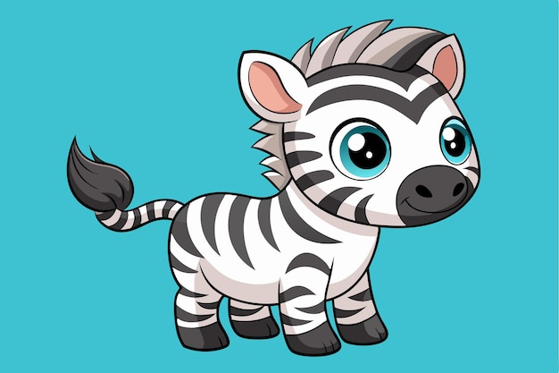 A cute baby zebra with big blue eyes plays joyfully against a vibrant blue backdrop showcasing its charming stripes and playful demeanor