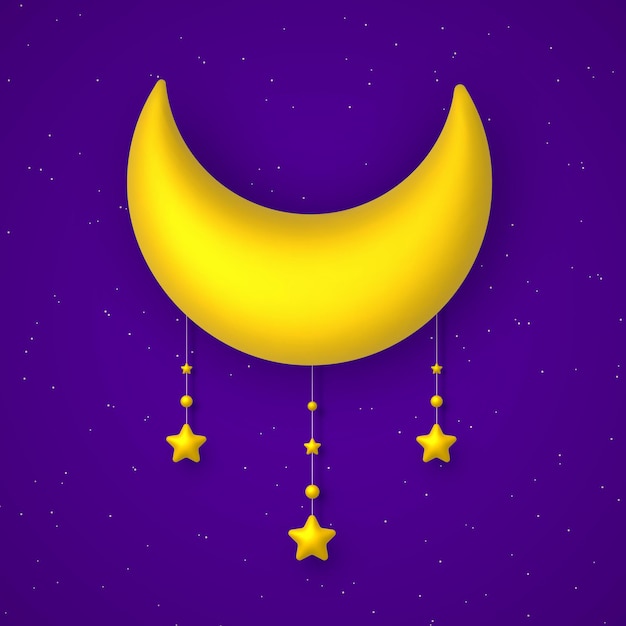 Cute background with blue night sky golden moon and stars garland Vector illustration