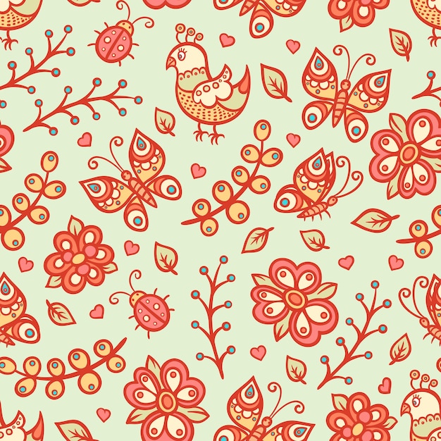 Cute background with flowers birds and butterflies