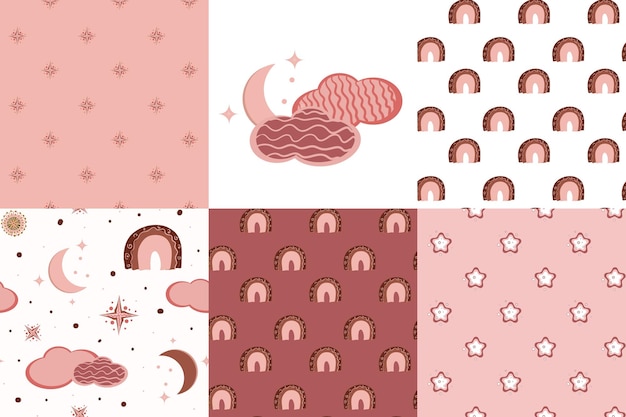 Cute backgrounds set Pink and white seamless texture with rainbow and stars Illustration