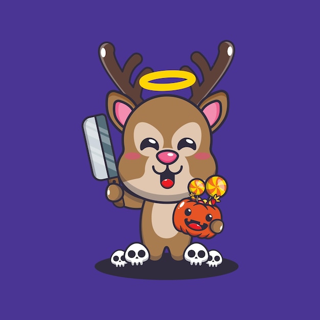 Cute bad deer holding machete in halloween day. Cute halloween cartoon illustration.