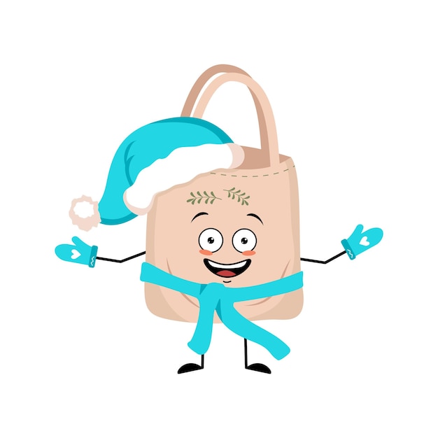 Cute bag character in Santa hat with happy emotion joyful face smile eyes arms and legs