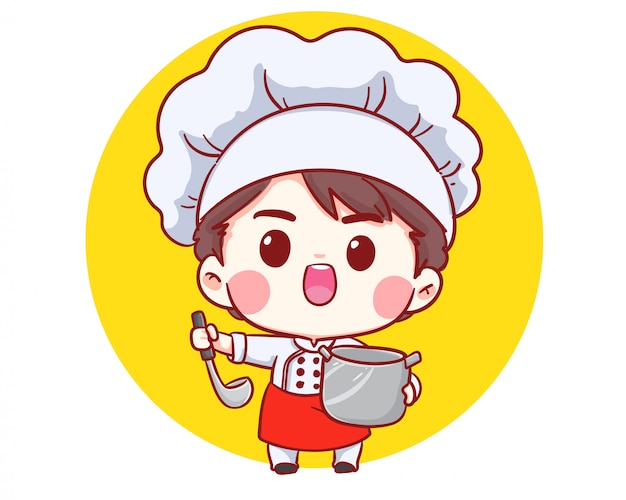 Cute Bakery chef boy Cooking smiling cartoon art illustration logo.