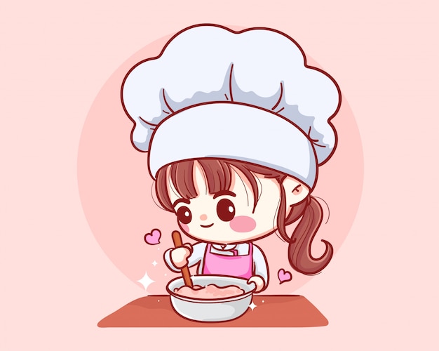 Cute Bakery chef girl Cooking smiling cartoon art illustration logo.