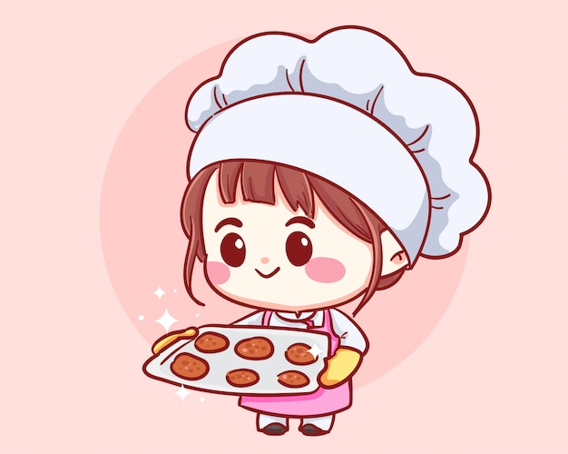 Cute  Bakery chef girl holding tray with fresh-baked cookies. Kid in chef hat and uniform. Cartoon Character cartoon art illustration.