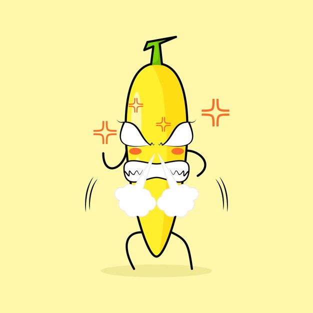 Vector cute banana character with angry expression. nose blowing smoke, eyes bulging and grinning