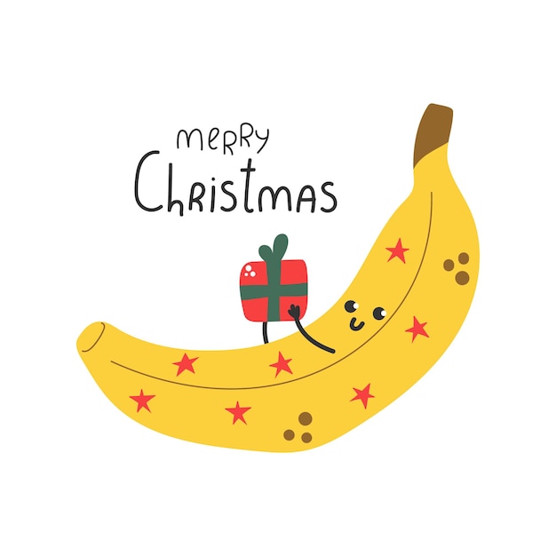 Cute banana with gift box and fun face Text Merry Christmas