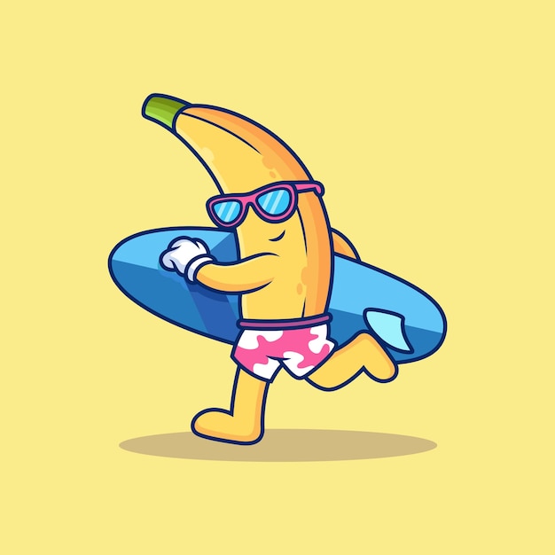 Cute Banana with Surfboard Cartoon.  