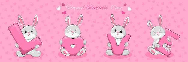 Cute bannies for valentine's day, funny banner design, and cartoon character