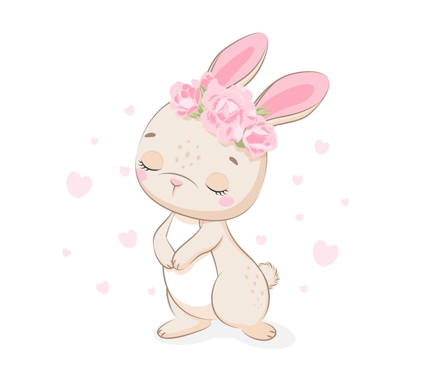 Cute banny with flowers and a wreath Cartoon vector illustration