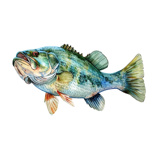 Vector cute bass fish vector illustration in watercolor style