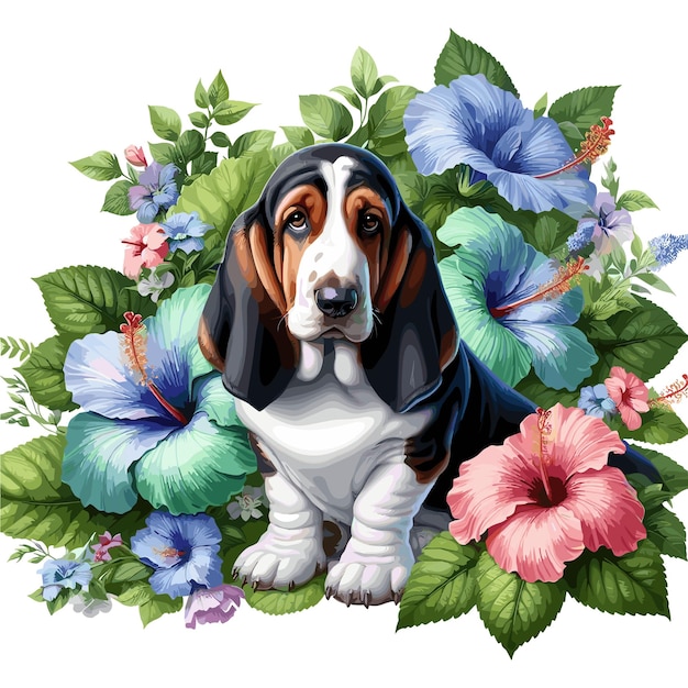 Vector cute basset hound dog amp flowers vector style white background