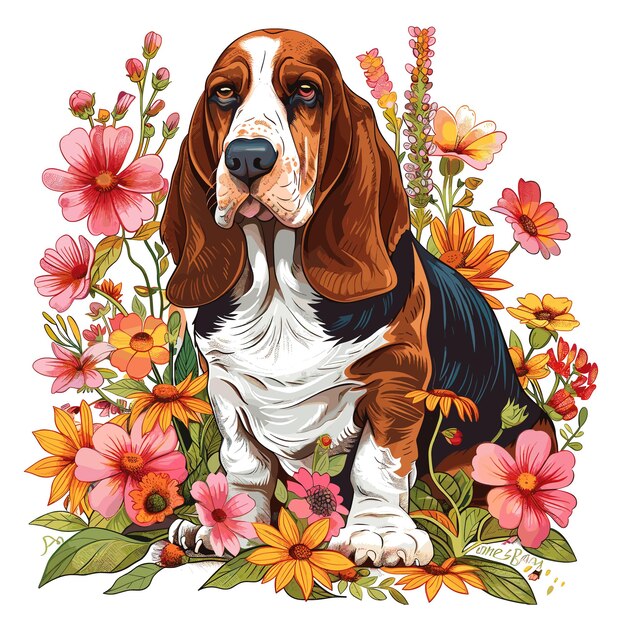 Vector cute basset hound dog with flowers vector style in white background