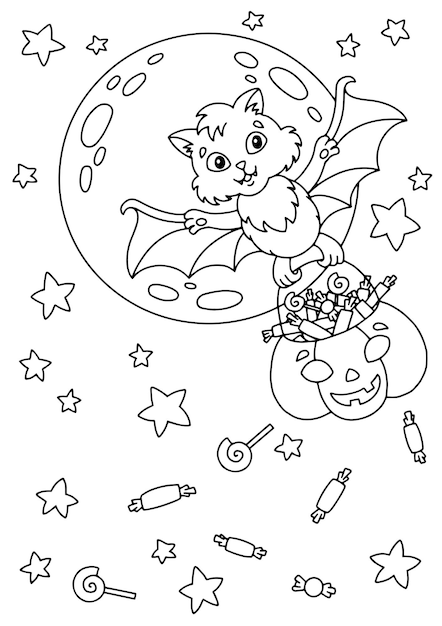 A cute bat carries a pumpkin basket with sweets. Halloween theme. Coloring book page for kids.