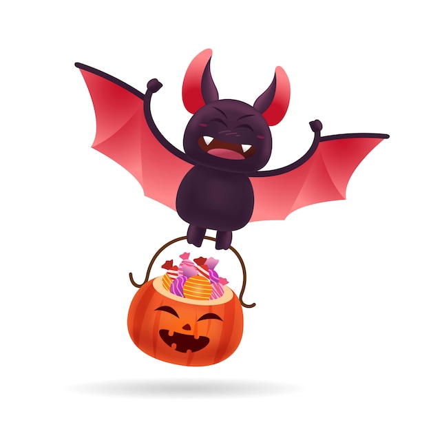 Cute bat carrying Halloween pumpkin bucket of candy with isolated background