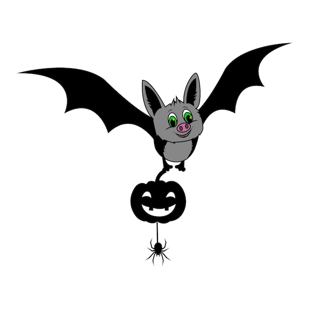 A cute bat flying with a cheerful pumpkin and a spider on a web Halloween scene