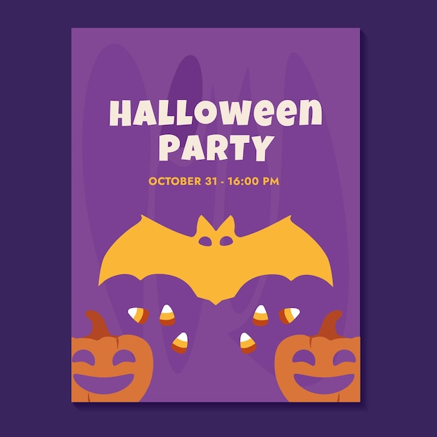 Cute bat pumpkins and candy corn Flyer invitation to a Halloween party on a purple background