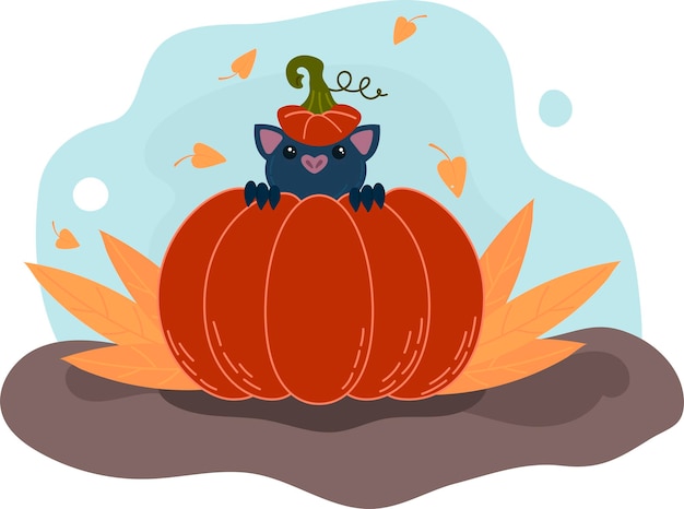 Cute bat sitting in a pumpkin Happy Halloween Autumn poster vector illustration