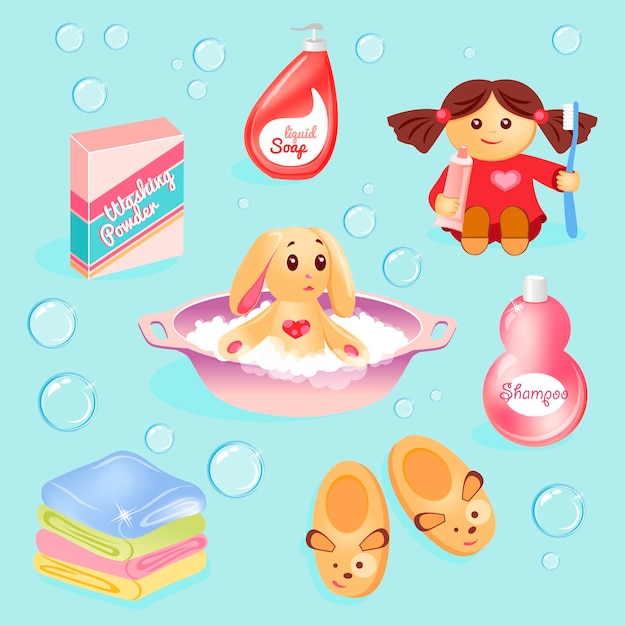 Cute Bathroom set Funny illustrations about hygiene for children