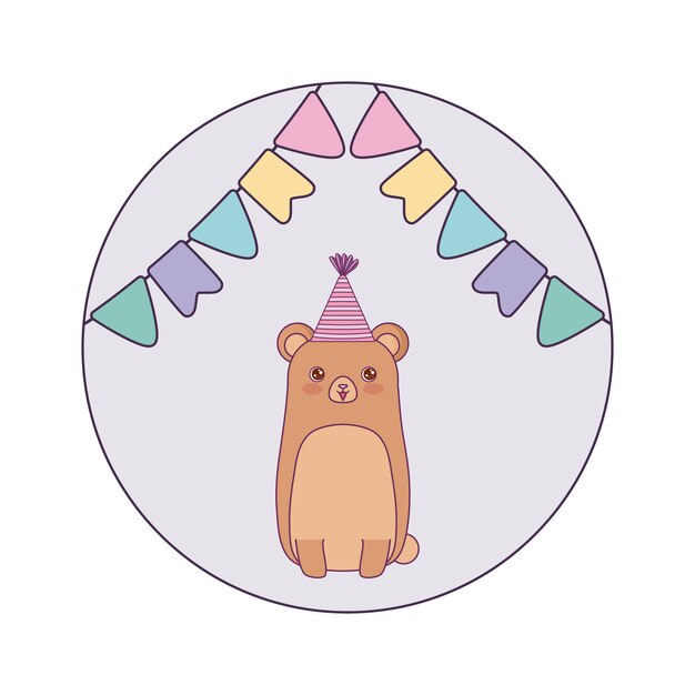 Cute bear animal with hat party and garlands hanging