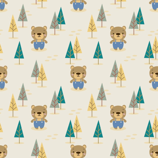 Cute bear in autumn forest seamless pattern