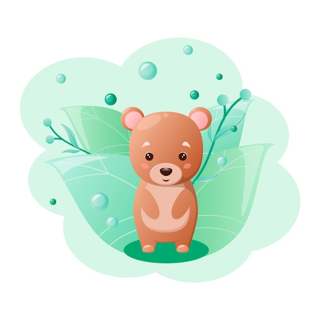 Cute bear on a background of green leaves Cartoon design