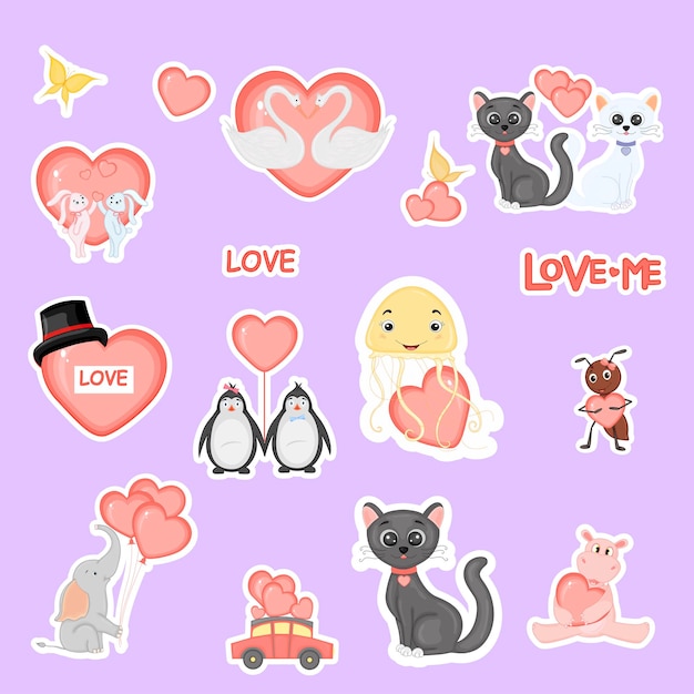 Cute bear on a bicycle with hearts for Valentine's Day in cartoon style Lettering Love Stickers