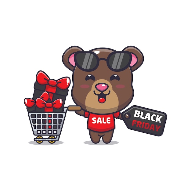 Cute bear in black friday cartoon mascot illustration