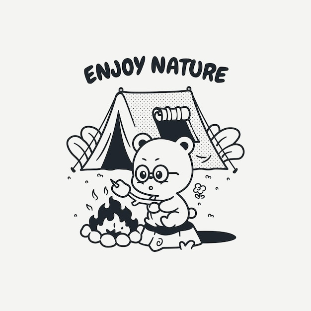 Cute Bear Camping Badge design illustration Comic cartoon style