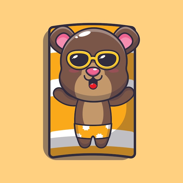 Cute bear cartoon mascot character sleep on beach