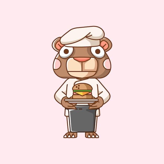 Cute bear chef cook serve food animal chibi character mascot icon flat line art style illustration c