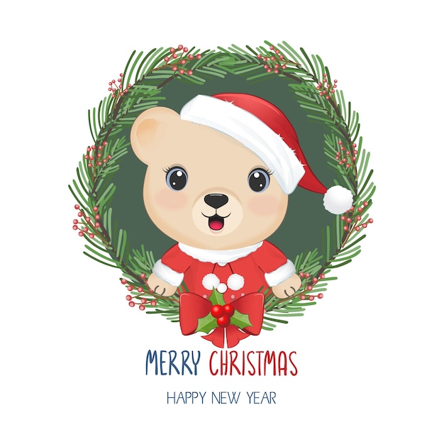 Cute Bear and Christmas wreath Christmas and New Year illustration