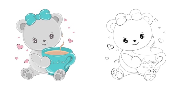 Cute Bear Clipart for Coloring Page and Illustration.  Happy Animal Illustration with Cup