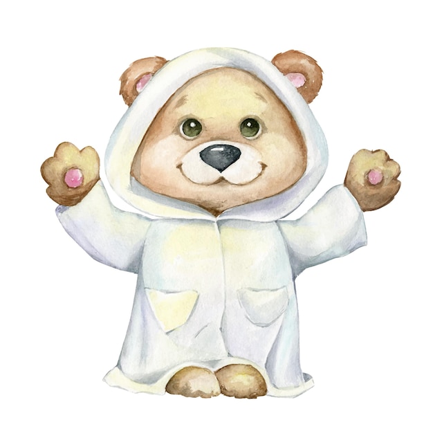 Cute bear cub dressed in a white coat stands Watercolor animal for the holiday Halloween