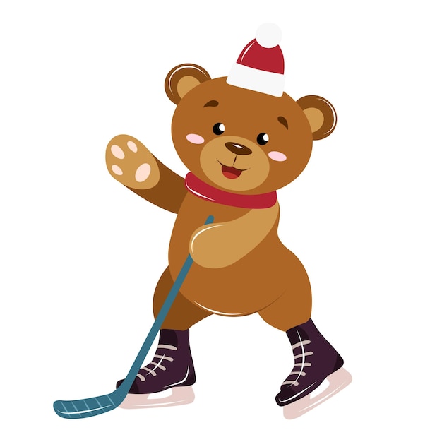 Cute bear cub in a New Year's hat playing hockey winter entertainment no background